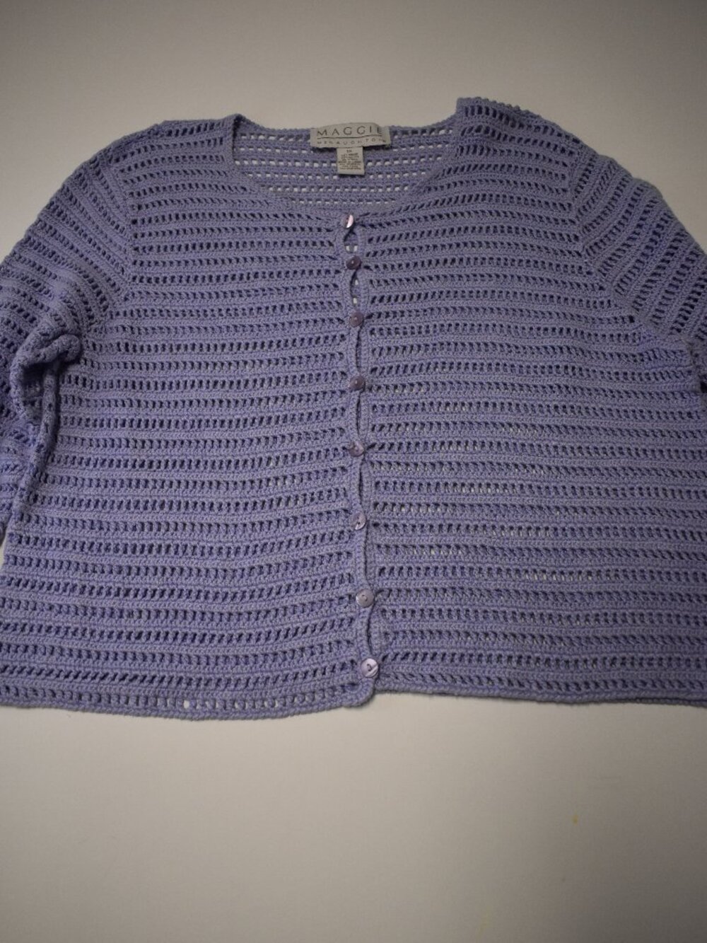 1X Maggie McNaughton Women’s Lavender Purple Crochet Open Knit Cardigan Sweater